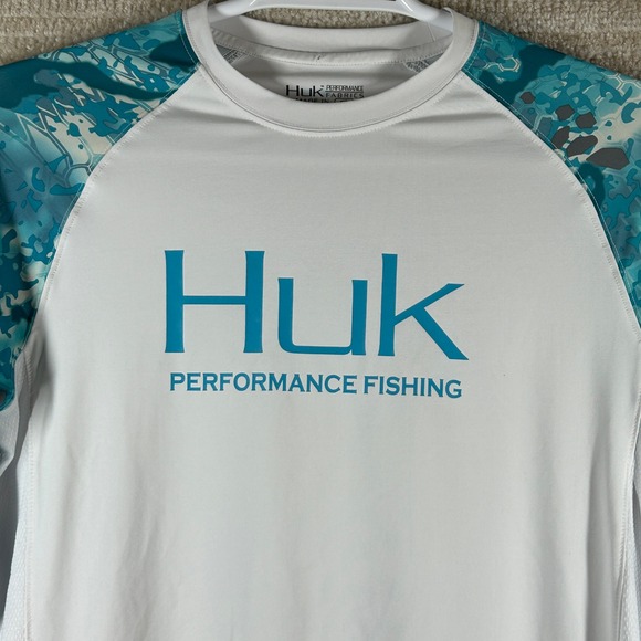 Huk Other - Huk Fishing Shirt Mens Small White Teal Camo Raglan Performance Long Sleeve Tee